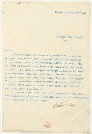 Brief an Jules Massenet : 28.02.1910
