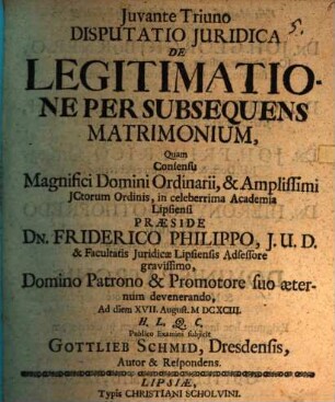 Disputatio iuridica de legitimatione per subsequens matrimonium