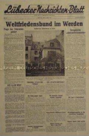 Mitteilungsblatt der britischen Militärregierung "Lübecker Nachrichten-Blatt" zum Entstehen der UNO und zur Einsetzung des neuen Bürgermeisters von Lübeck