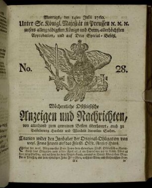 No. 28. Montags, den 14ten Julii 1760.