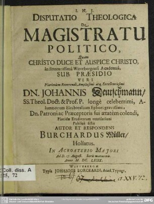 Disputatio theologica de magistratu politico