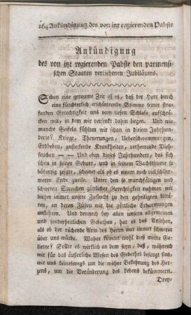 Ankündigung des von itzt regierenden Pabste den parmensischen Staaten verliehenen Jubiläums