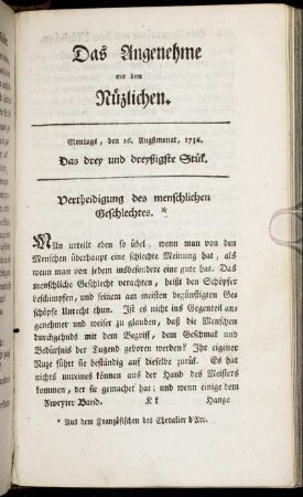 Das drey und dreyßigste Stück. Montags, den 5. Augustmonat, 1756.