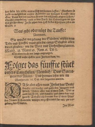 Folget das fünffte stück unsers Catechismi/ Nemlich/ Das Sacrament des Altars ...