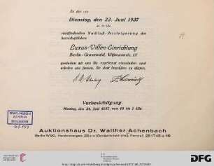 Auktionshaus Dr. Walther Achenbach: Luxus-Villen-Einrichtung, Berlin-Grunewald, Wißmannstr. 17 : 22. Juni 1937