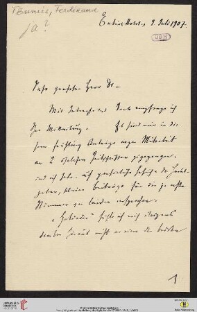 Brief von Ferdinand Tönnies an Gustav Radbruch
