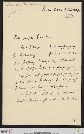 Brief von Ferdinand Tönnies an Gustav Radbruch