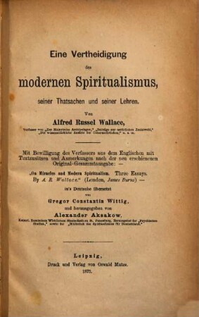 Eine Vertheidigung des modernen Spiritualismus, seiner Thatsachen und seiner Lehren