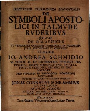 Dispvtatio Theologica Inavgvralis De Symboli Apostolici In Talmvde Rvderibvs