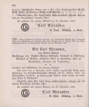 105. Gesetz, betreffend die definitive Fortdauer des provisorischen Gesetzes vom 4. November 1879 wegen Einführung des Königlich Bayerischen Gesetzes vom 31. Oktober 1879, den Malzaufschlag betreffend, im Vordergericht Ostheim