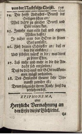 Epiphonema, oder Hertzliche Vermahnung an den Leser dieses Büchleins.