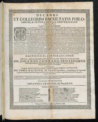 Decanus Et Collegium Facultatis Philosophicae In Perantiqua Universitate Tubingensi, Lectori benevolo Salutem!