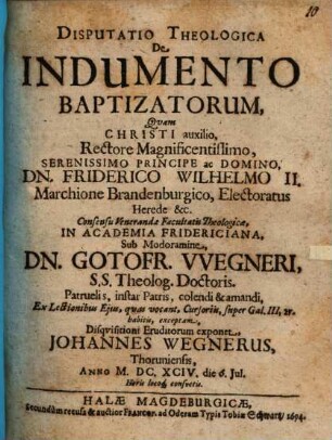 Disputatio Theologica De Indumento Baptizatorum