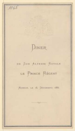 Menükarte : Diner de Son Altesse Royale le Prince Regent
