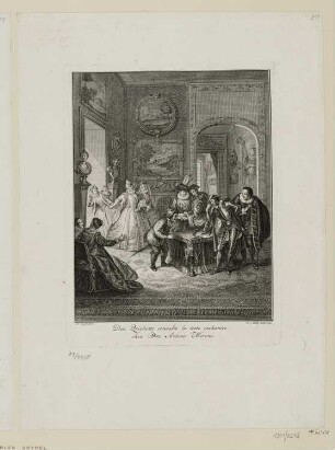 Don Quichotte consulte la teste enchantée chez Don Antonio Mereno, aus: Charles Coypel, Miguel de Cervantes, "Les principales avantures de l’admirable Don Quichotte", 1746