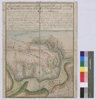 Verjüngter geometrischer Grundriss von dem Kloster Bronnbach und dabei herumliegenden Ackerfeldungen, Wiesen und Waldungen (Inselkarte)