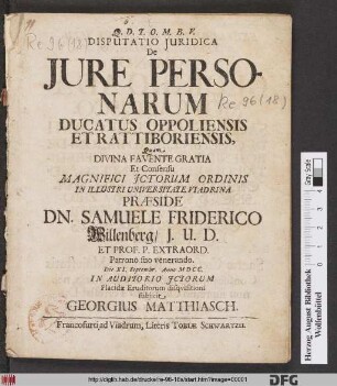 Disputatio Iuridica De Iure Personarum Ducatus Oppoliensis Et Rattiboriensis