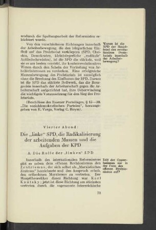 Vierter Abend: Die "linke" SPD, die Radikalisierung der arbeitenden Massen und die Aufgaben der KPD