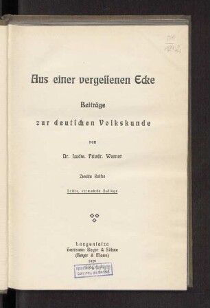 Reihe 2: Aus einer vergessenen Ecke : Beiträge zur deutschen Volkskunde