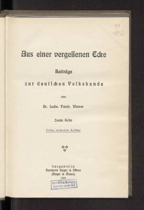 Reihe 2: Aus einer vergessenen Ecke : Beiträge zur deutschen Volkskunde