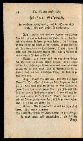 Fünftes Gespräch, in welchem gezeigt wird, daß die Sonne nicht laufe, obs uns gleich so vorkommt.