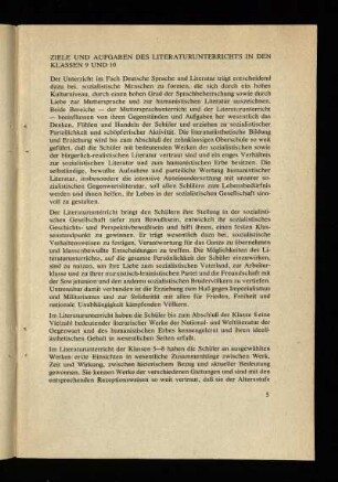 Ziele und Aufgaben des Literaturunterrichts in den Klassen 9 und 10