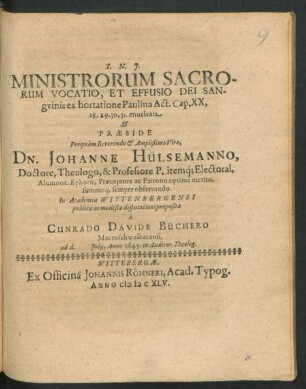 Ministrorum Sacrorum Vocatio, Et Effusio Dei Sanguinis ex hortatione Paulina Act. Cap. XX, 28, 29, 30, 31. enucleata