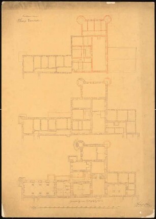 Schloss Carolath bei Beuthen/Oder Umbau: Grundriss Erdgeschoss, 1. und 2. Untergeschoss, Maßstabsleiste