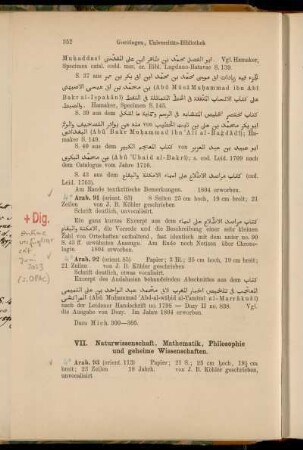 VII. Naturwissenschaft, Mathematik, Philosophie und geheime Wissenschaften. [4° Cod. Ms. arab. 93 - 8° Cod. Ms. arab. 95]
