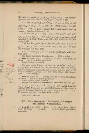 VII. Naturwissenschaft, Mathematik, Philosophie und geheime Wissenschaften. [4° Cod. Ms. arab. 93 - 8° Cod. Ms. arab. 95]