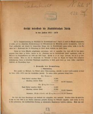 Bericht betreffend die Stadtbibliothek Zürich in den Jahren .... 1855/79