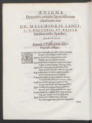 Aenigma Denotans annum Sponsaliorum ... Dn. Melchioris Langi ...