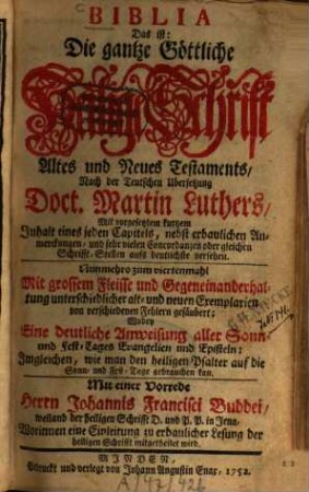 Biblia Das ist: Die gantze Göttliche Heilige Schrift Altes und Neues Testaments
