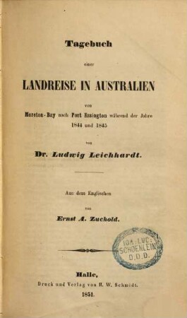 Tagebuch einer Landreise in Australien : von Moreton-Bay nach Port Essington während der Jahre 1844 und 1845