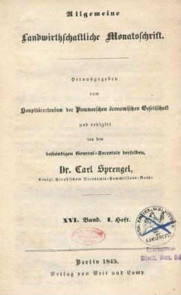 16.1845: Allgemeine Landwirthschaftliche Monatsschrift