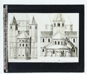 Hildesheim, St. Godehard : Aufriss Ostansicht u. Westansicht (Zeichnung)