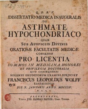 Dissertatio Medica Inauguralis De Asthmate Hypochondriaco