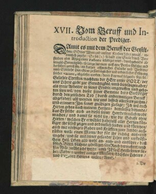 XVII. Vom Beruff und Introduction der Prediger.
