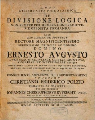 Dissertatio Philosophica De Divisione Logica Non Semper Per Membra Contradictorie Opposita Formanda
