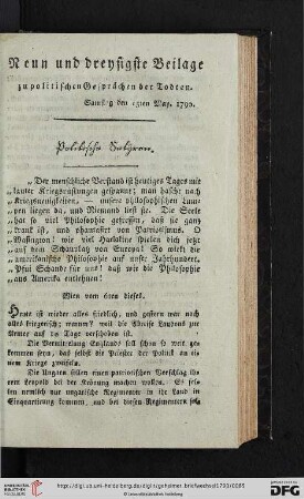 Neun und dreysigste Beilage zu Politischen Gesprächen der Todten