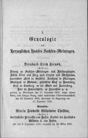 I. Genealogie des Herzoglichen Hauses Sachsen-Meiningen