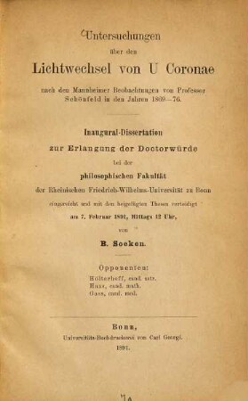 Untersuchungen über den Lichtwechsel von U Coronae nach den Mannheimer Beobachtungen von Professor Schönfeld in den Jahren 1869-76 ...