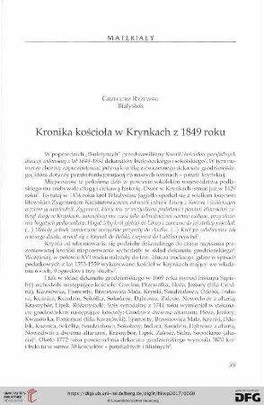 Kronika kościoła w Krynkach z 1849 roku