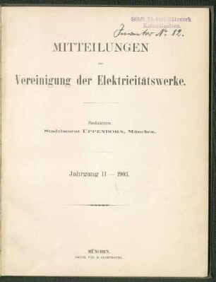 1903, Jg. II: Mitteilungen der Vereinigung der Elektrizitätswerke