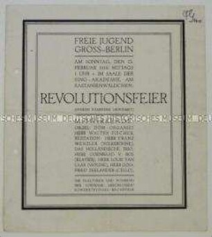 Einladung und Programm zu einer "Revolutionsfeier" zu Ehren der gefallenen Kämpfer