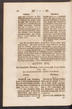 Actus XVI. Die Vierzehende Nürnberg. Contravention und Tergiversation, 1754. sqq. Die Tresenreuterische Kinder betreffend.