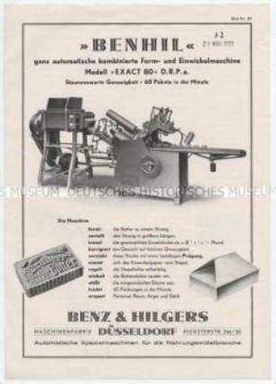 "Benhil" ganz automatische kombinierte Form- und Einwickelmaschine Modell "Exakt 80" D.R.P.a."