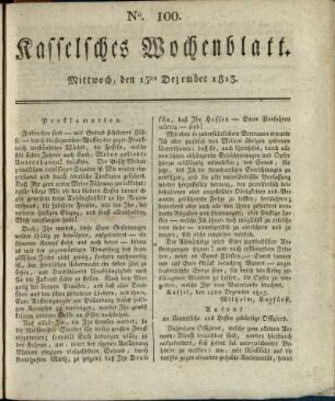 No. 100, Mittwoch, den 15ten Dezember 1813