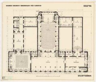 Kaiser-Wilhelm-Volkshaus für Lübeck: Grundriss Obergeschoss mit Raumprogramm 1:100, Maßstabsleiste