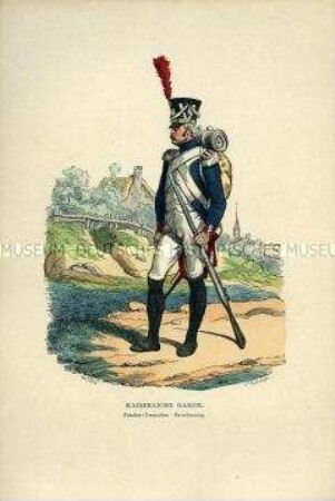 Uniformdarstellung, Füsilier-Grenadier der Kaiserlichen Garde in Parade-Uniform, Frankreich, 1812. Tafel 16 aus: Bellangé: Die Soldaten der französischen Republik und des Kaiserreichs.